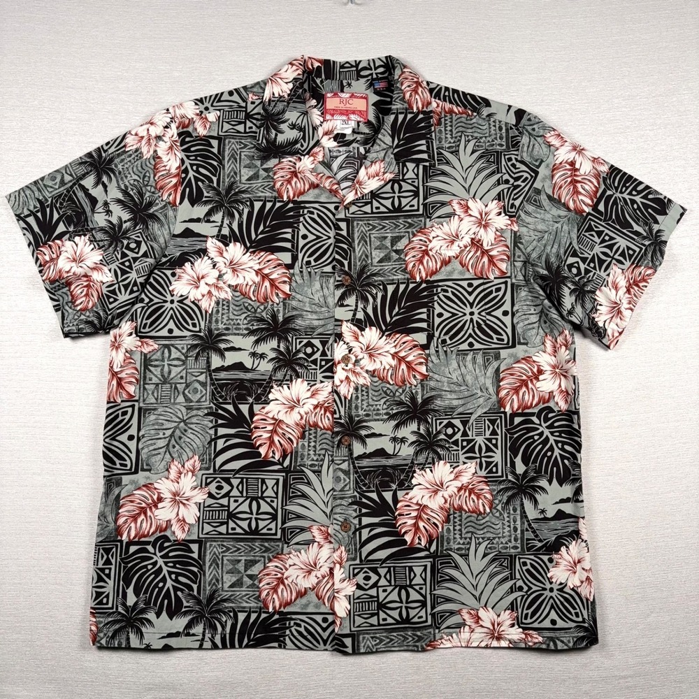 RJC Hawaiian Shirt Mens 2XL Black Red Floral Cotton Short Sleeve